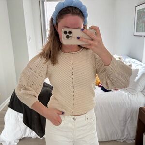 A.L.C. Ivory Juliana Rib Knit Pointelle Short Sleeve Sweater Top